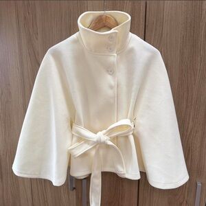 Cream Funnel-Neck Coat with Ribbon Tie
